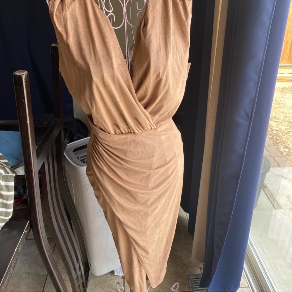Suede V-neck Wrap Elegant Tan Dress